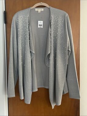 Cactus+Pearl Embellished Open-Front Long Sleeve Cardigan W/Pearl Embellishments